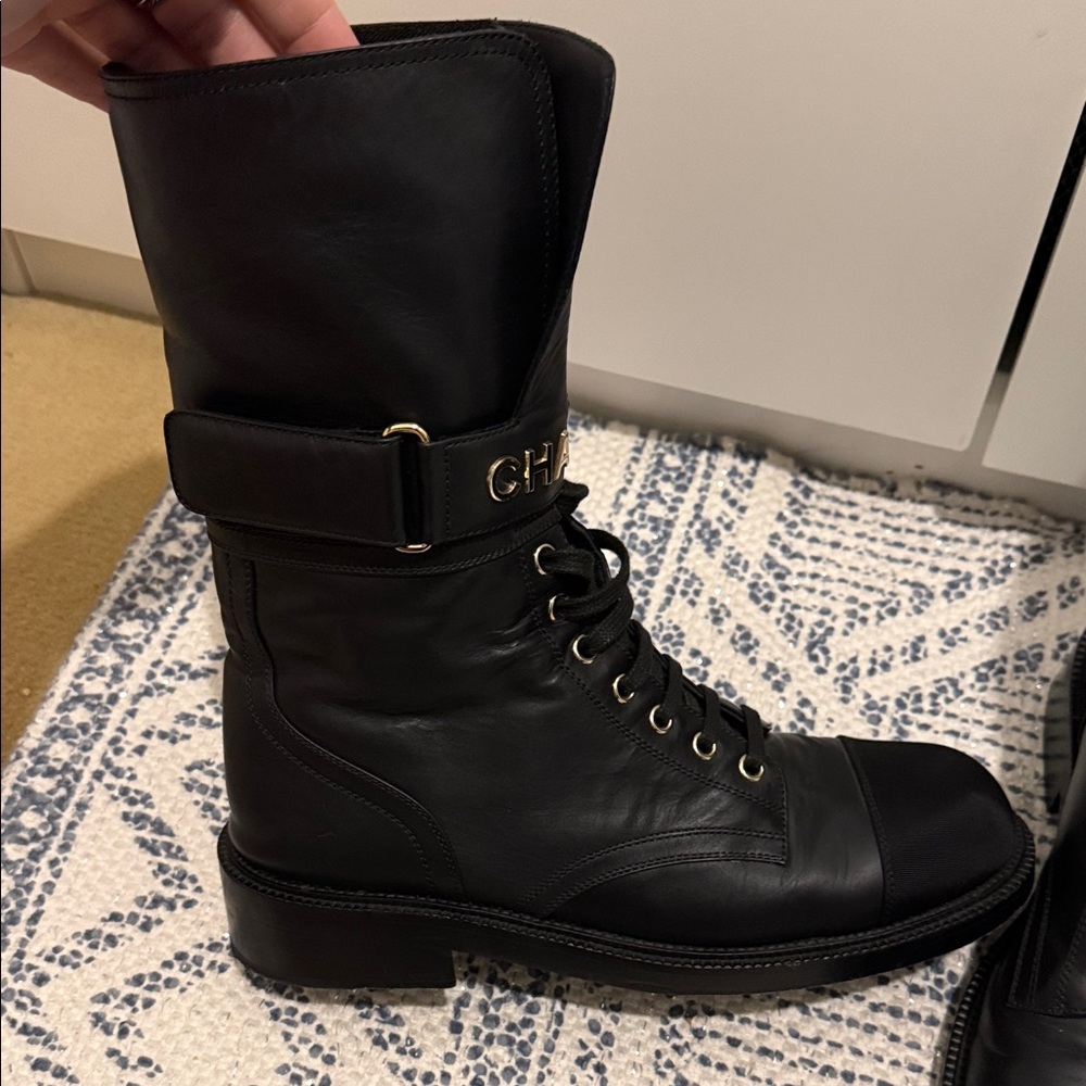 CHANEL Black and Gold Leather Boots AUTHENTIC size 10.5 - Picture 3 of 11